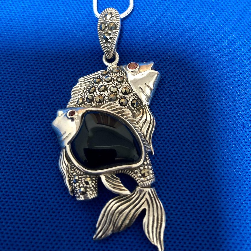 Marcasite Fish 925 Solid Sterling Silver Pendant-… - image 3